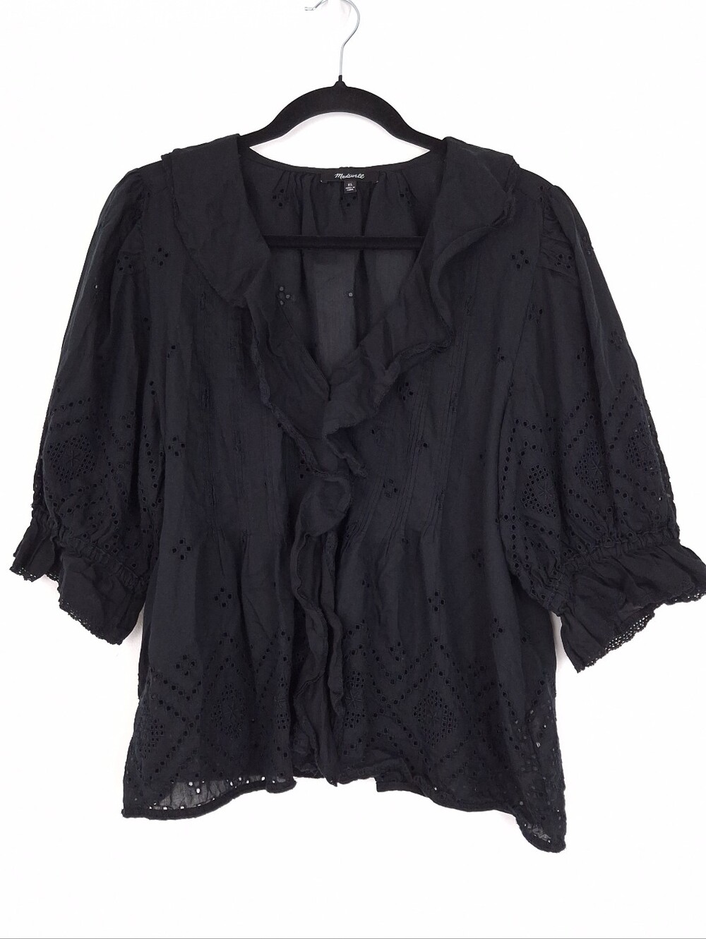 Madewell Ruffled Puff Sleeve Top eyelet sheer layering cottagecore peasant black
